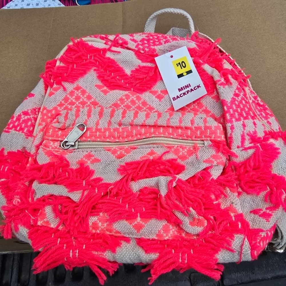 Neon Pink Fringe Woven Mini Backpack